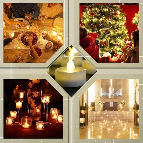Flameless Tea Lights Battery Operated Candles Set Of 24 LED Flickering Votive Candles With Long Lasting 200 Hour Run Time Realistic Bright Warm White For Cozy Home Decor Seasonal Celebrations glowing around Christmas tree and dining table, showcasing warm and festive ambiance.