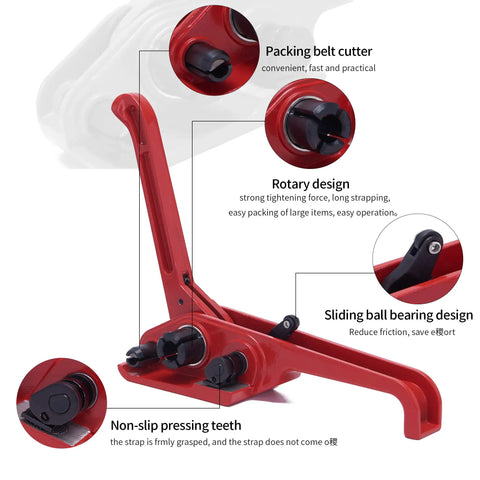 Red poly strapping tensioner tool with illustrated features, part of the All In One Banding Kit With Poly Strapping Tensioner Sealer Tools 3200 Inch PP Band Roll And 100 Metal Seals For Heavy Duty Bundling Great For Pallets Boxes Crates And Shipping Jobs