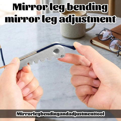 Person using Eyeglass Adjustment Tools Kit For Pro Grade Eyewear Repair with metal tool and glasses on a table