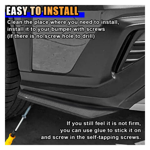 Close-up view of 2 Pack Universal Car Rear Bumper Lip Splitter Canard Diffuser with Side Fins; easy installation guide visible.