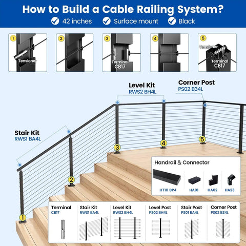 How to build a Killer Black Cable Railing Post Surface Mount Deck Railing Kit with 42 inch posts for stair applications.