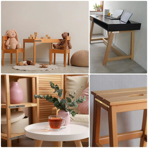 Upgrade Your Home Fixes With These Game Changing Adjustable Flat Mending Plates on a black desk and wooden furniture.
