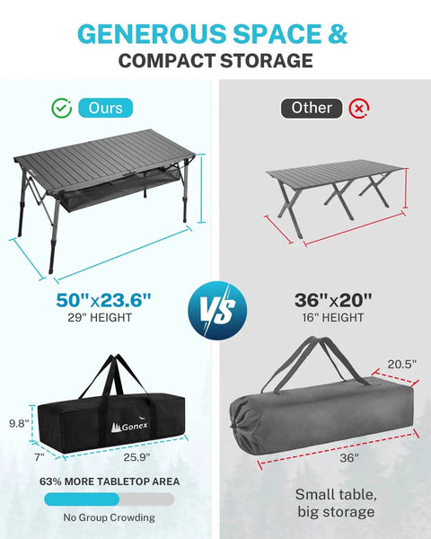 Comparison between 50 Inch Camping Table With Adjustable Height Legs For Uneven Ground and a smaller table with dimensions shown.
