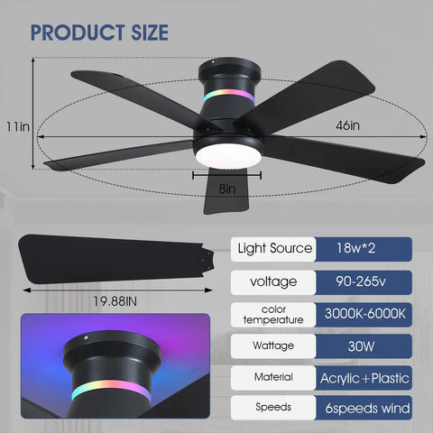 Diagram of Dope 46 Inch Black Ceiling Fan With LED Lights And RGB Color Changing, showing dimensions and features