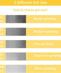 5 different grit sizes for sharpening tools: 80, 180, 320, 600, and 1000 grit, used for various grinding purposes.