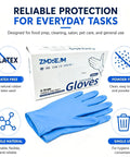 Badass Heavy Duty Nitrile Gloves Box Of Two Hundred Powder Free Latex Free Textured Grip Nine Point Five Inches Long Built Like A Tank For Kitchen Scrubbing Auto Detailing Home Repair And Everyday Household Products, pack and gloves on display.