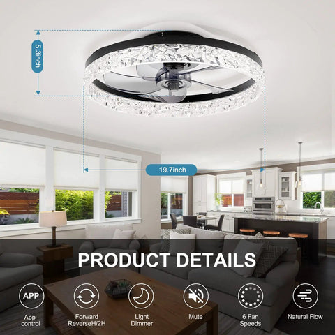 Low Profile Fandelier Ceiling Fan With Light And Remote, 19.7 Inch Flush Mount in modern living room with detailed specs