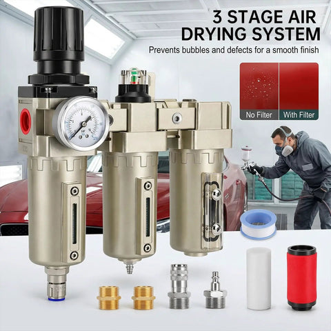 3 Stage Air Drying System with pressure gauge, filters, and accessories for 3 4 Inch NPT Air Dryer, suitable for smooth finishes.