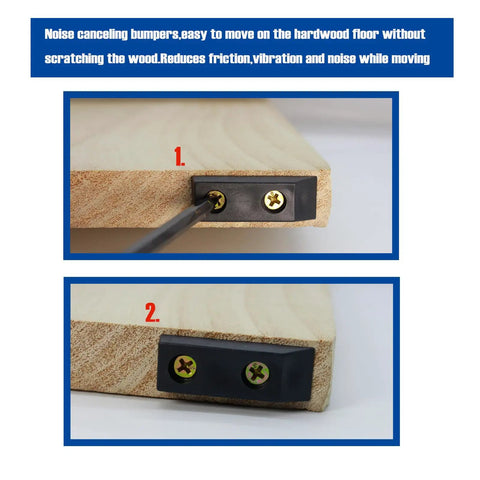 Heavy Duty Rubber Furniture Bumpers 20 Pack Rectangular Leg Pads mounted on wood, demonstrating easy installation for noise reduction.