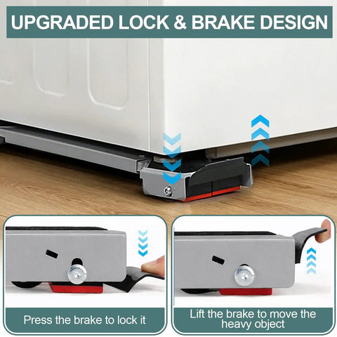 Heavy Duty Appliance Rollers With Extendable Sliders Swivel Wheels Anti Slip Feet For Moving Washers Dryers showing upgraded lock and brake design.
