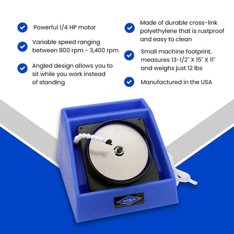 8 Inch Slant Cabber Lapidary Polisher Kit For Gemstones And Crystals, blue base, 1/4 HP motor, flat lap stone shaper front view
