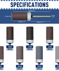 Specifications chart for 28 Piece Sanding Drums And Sandpaper Sticks Set For Rotary Tool With One Eighth Inch Shank Grits 180 240 320 600 1000 1500 2000