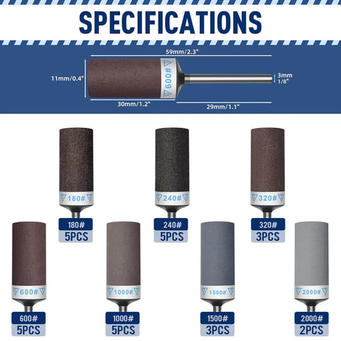 Specifications chart for 28 Piece Sanding Drums And Sandpaper Sticks Set For Rotary Tool With One Eighth Inch Shank Grits 180 240 320 600 1000 1500 2000