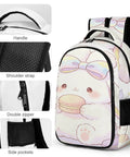 Rainbow Bow Kawaii Rabbit Printed Unisex Backpack with large capacity, durable polyester, breathable design, smooth zipper.