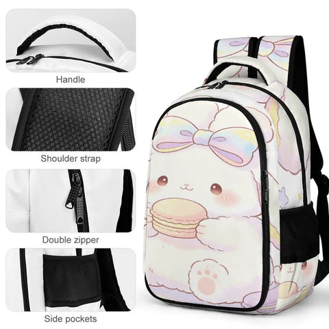 Rainbow Bow Kawaii Rabbit Printed Unisex Backpack with large capacity, durable polyester, breathable design, smooth zipper.