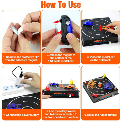 Instructions for USB Powered 1 64 Diecast Car Drift Pad With Spinning Track Adjustable Speed And Direction Magnetic Under Car Pad 5 Decoration Options Display Stand Works With All 1 64 Scale Cars Black