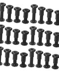 Rock Solid Cross Locking Screws And Nuts 170 Piece Set Matte Black Steel furniture connector bolts displayed in a row.