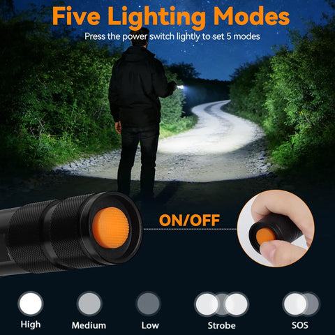 Beast Mode LED Flashlight Set with zoomable lens, button close-up, night scene illustrating 5 modes including strobe and SOS.