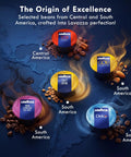 Five Flavor Premium Coffee Capsule Variety Pack For LB Espresso Machines Featuring Top Class Caffe Crema Decaf Dek Gran Espresso And Gold Selection 100 Count With 20 Pods Each Your Daily Go To Pick displayed on a map with coffee beans.