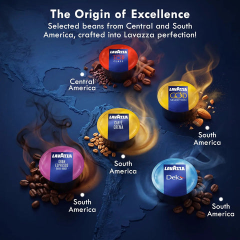 Five Flavor Premium Coffee Capsule Variety Pack For LB Espresso Machines Featuring Top Class Caffe Crema Decaf Dek Gran Espresso And Gold Selection 100 Count With 20 Pods Each Your Daily Go To Pick displayed on a map with coffee beans.
