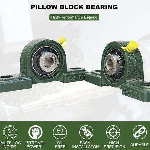 Two green UCP201-8 pillow block bearings with metal inner races on a shared cast-iron base.