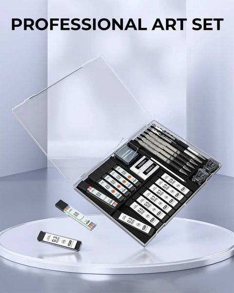 Open case of Metal Mechanical Pencil Set With Case, Six Pencils From 0.3mm To 2.0mm Plus 552 Lead Refills, Erasers And Sharpeners
