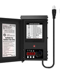 Open black 300 Watt Outdoor Landscape Lighting Transformer with sensor and weather shield, showing settings and power cable.