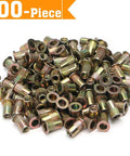 Rivet nuts (nutserts) in zinc-coated carbon steel, 100 pieces, 1/4-20 threads.