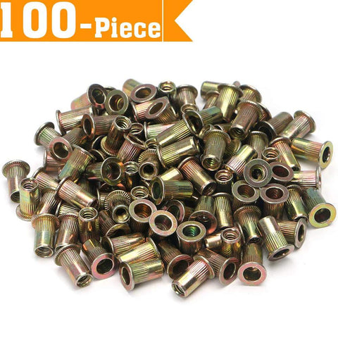 Rivet nuts (nutserts) in zinc-coated carbon steel, 100 pieces, 1/4-20 threads.