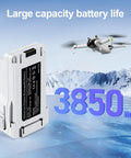 Two Pack 3850mAh Intelligent Flight Battery For DJI Mini Drones with large capacity label, drone flying in background