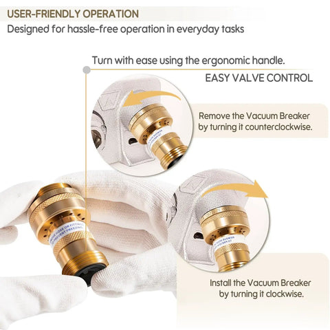 Vacuum Breaker Replacement for Outdoor Faucets, Brass Anti-Siphon Backflow Preventer, shown with easy valve control images.