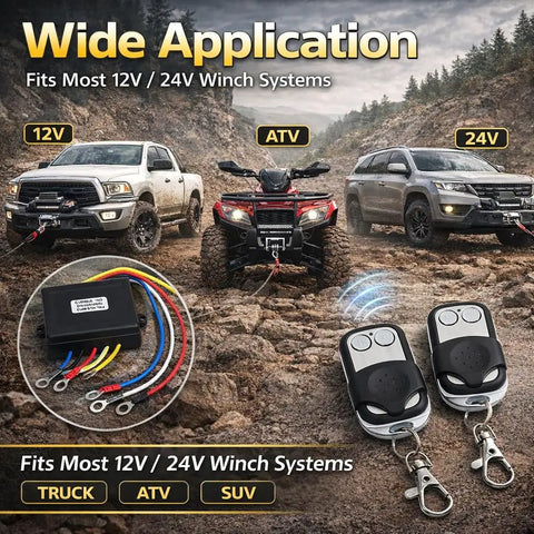 Wireless Winch Remote Control Kit 12V 24V Universal Receiver With Dual Remotes For Trucks ATVs And SUVs Easy Install Plug And Play Ready Heavy Duty ABS Housing Long Range Weatherproof Wireless Winch Controller with receiver and two remotes