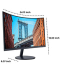 Front view of 27 Inch Curved FHD 1080p Gaming Monitor With 144Hz Refresh Rate, 1500R VA Panel, HDMI And VGA, showing a cityscape.