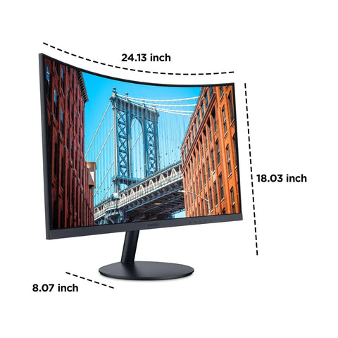 Front view of 27 Inch Curved FHD 1080p Gaming Monitor With 144Hz Refresh Rate, 1500R VA Panel, HDMI And VGA, showing a cityscape.