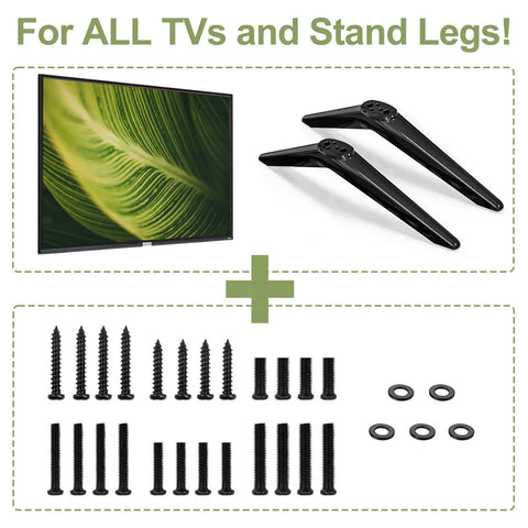 Real Deal Tv Stand Leg Hardware Kit includes black stand legs, machine bolts, and washers for Samsung LG Sony Hisense Vizio TVs.