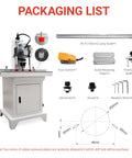 Front view of EQCOTWEA 110V pneumatic hinge boring insertion machine with long scale rail and foot switch.
