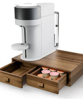 Acacia Wood Dual Drawer Coffee Pod Storage Organizer For K Cup And Nespresso Pods Walnut Finish Two Tier Pod Holder With Drawers 30 Pod Capacity Coffee Station Organizer For Home Kitchen, shown with open drawers and coffee machine on top.