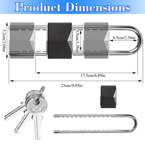 Beefy U Shaped Portable French Door Lock dimensions and keys, suitable for double doors with knobs, all-metal security lock.
