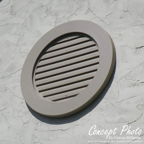 Round Gable Vent Louver Functional Exterior Vent 30x30 Inches Endurathane Urethane on textured wall, close-up