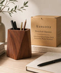 Black Walnut Wood Pen Holder For Desk with geometric design, placed on desk next to box and pen, Sleek Modern Pencil Cup Organizer For Office Supplies