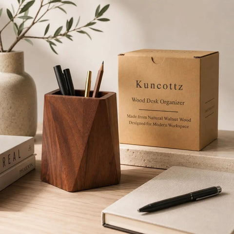 Black Walnut Wood Pen Holder For Desk with geometric design, placed on desk next to box and pen, Sleek Modern Pencil Cup Organizer For Office Supplies
