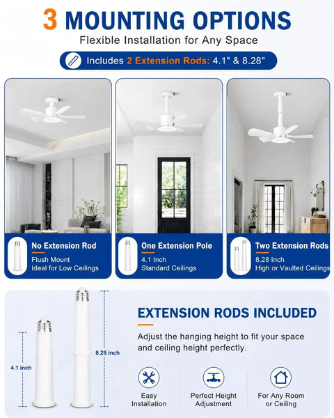 Upgraded 17 Inch Ceiling Fan With Integrated Light Kit And Wireless Remote Featuring Straight Up Quiet Dc Motor Reversible Airflow for adaptable mounting options.