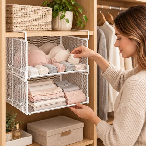 2 Pack Underwear Closet Organizer With Under Shelf Hanging Baskets keeps bras and socks neatly stored, enhancing closet space.