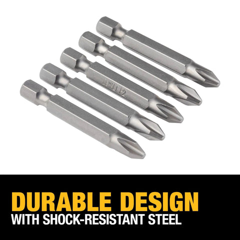 Heavy Duty Number 2 Phillips Power Bits Set, 2 Inch, 5 Pack, Built To Last Shock Resistant Steel With Hardened Core