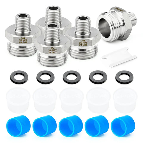 Five Pack 304 Stainless Steel Garden Hose Adapters Three Quarter Inch GHT Male To Three Eighth Inch NPT Male With Washers
