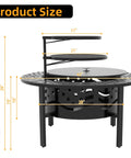 Diagram showing Big 42 Inch Outdoor Fire Pit With Two Grills For Wood Or Charcoal Burning, Heavy Duty Metal Round Fireplace dimensions.
