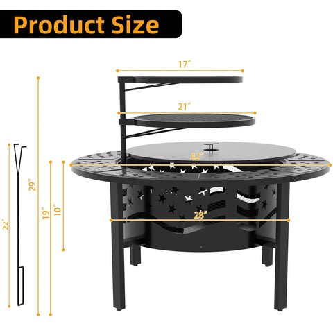 Diagram showing Big 42 Inch Outdoor Fire Pit With Two Grills For Wood Or Charcoal Burning, Heavy Duty Metal Round Fireplace dimensions.