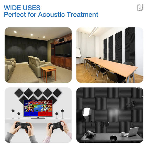 Twelve Pack Self Adhesive Acoustic Foam Panels One Inch Thick High Density Quick Recovery Sound Proof Wall Tiles in various settings.