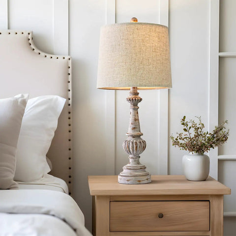 Classic 24.5 Inch Table Lamp Set Of 2 For Living Room And Bedroom With Linen Fabric Shade And Resin Base on nightstand
