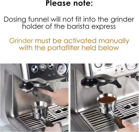 Manual dosing process with 54mm Espresso Dosing Funnel Stainless Steel Dosing Ring for Breville 54mm Portafilter on Barista Express Pro.